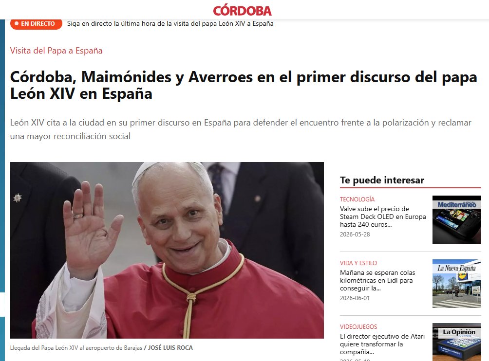 ACOM_es's tweet photo. ¿Quien asesora históricamente al Santo Padre León XIV? No da una.
Por ejemplo, cita a Maimónides en el contexto de "perfecta convivencia con el Islam". Maimónides (judío), nacido en Córdoba, fue expulsado por los almohades (secta islámica).
El califa almohade Abd al-Mumin ordenó en 1146 un decreto que forzó la conversión al islam o la expulsión de los judíos y cristianos (mozárabes) de al-Ándalus bajo pena de muerte. Quienes optaron por quedarse e islamizarse sufrieron fuertes restricciones y se vieron obligados a llevar signos distintivos
 ¡Menudo ejemplo!