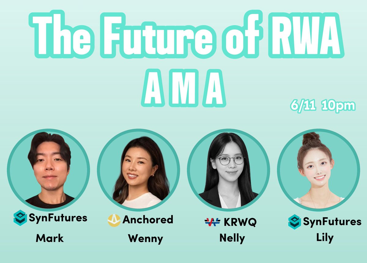 lilykuma_S2_'s tweet photo. 🌙The Future of RWA AMA

6월 11일(목) 오후 10시에 RWA 관련 AMA를 진행합니다! 

🌙참여 프로젝트

-SynFutures @SynFuturesDefi 
신퓨쳐스 오늘 큰 발표 있어요~! 두구두구
통합형 디파이로 뻗어나가자~!!

-Anchored @AnchoredFi 
주식, 국채 등 실물자산을 블록체인으로 연결하는 RWA 프로젝트

-KRWQ @KrwqCash
원화 스테이블코인을 만드는 프로젝트

📅 일시
6월 11일(목) 오후 10시 (KST)

📍 장소
https://t.co/3lVqStrxv7

🌙사전 질문 

SynFutures, Anchored, KRWQ 각각 3개씩 질문을 선정할 예정입니다. 궁금한 프로젝트를 하나 선택해서 댓글로 질문을 남겨주세요!

🌙참여 방법
-AMA 공지글 좋아요 + 리트윗
-댓글로 사전 질문 작성
-AMA 스페이스 참여
-인증폼 제출

현장 인증 제출
https://t.co/q0s7yM0rv1