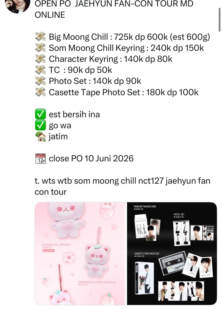 sbtboygroup's tweet photo. Bs! yuk guys ikutan po jaehyun fancon mono md sama som moong chill nya nih gass diorder dm /@ImooraKstuff 

💸 Price in pic 

✅ est bersih ina 
✅ ada go wa 
🏡 jatim https://t.co/m1soskOPbN