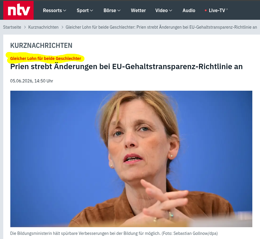 AliCologne's tweet photo. Wenn der Belehrungsdrang der Journalisten die eigene Schlagzeile überholt: Laut ntv setzt man sich über Rechte hinweg, wenn man sagt, es gäbe nur zwei Geschlechter. Gleichzeitig schreibt ntv: „Gleicher Lohn für beide Geschlechter“.

Merkt ihr eigentlich noch, wie ihr euch im Kreis dreht, @ntvde? Die Realität lässt sich eben nicht weggendern.