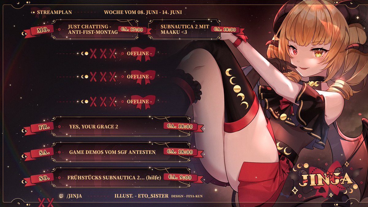 Jinjaowo's tweet photo. 🗓️ STREAMPLAN 🗓️
(mit @feya_kun's neuem Design 🫶)

🔥 MO ➜ Cozy Stream?? 😳 Bevor danach mit @maakurika das Meer unsicher gemacht wird
🔥 FR ➜ Mein Königreich braucht mich!! 👑
🔥 SA ➜ Wir schauen uns neue Games an~ 👀
🔥 SO ➜ Maaku zwingt mich zu early Subnautica 2 q-q https://t.co/9l42DYi79e