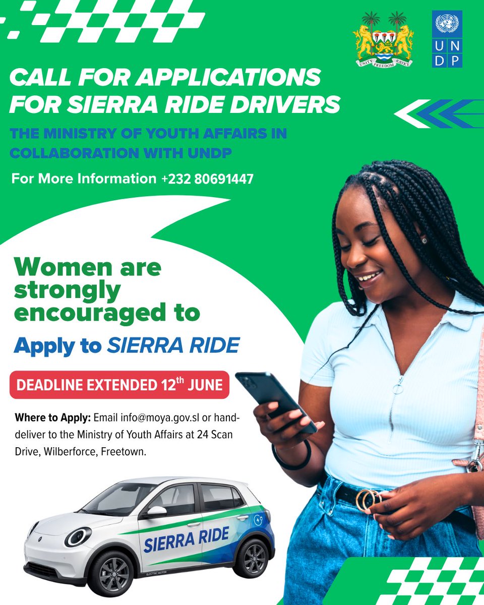 UNDPSierraLeone's tweet photo. Opportunities are now open with #SierraRide!

📢 Applications are open for:
• Sierra Ride Drivers (women are strongly encouraged to apply)  Deadline: 12 June 2026
• Service Providers for Electric Vehicle Operations & Management: Deadline: 19 June 2026

Join us in driving a cleaner, greener, and more inclusive future for Sierra Leone. 💚