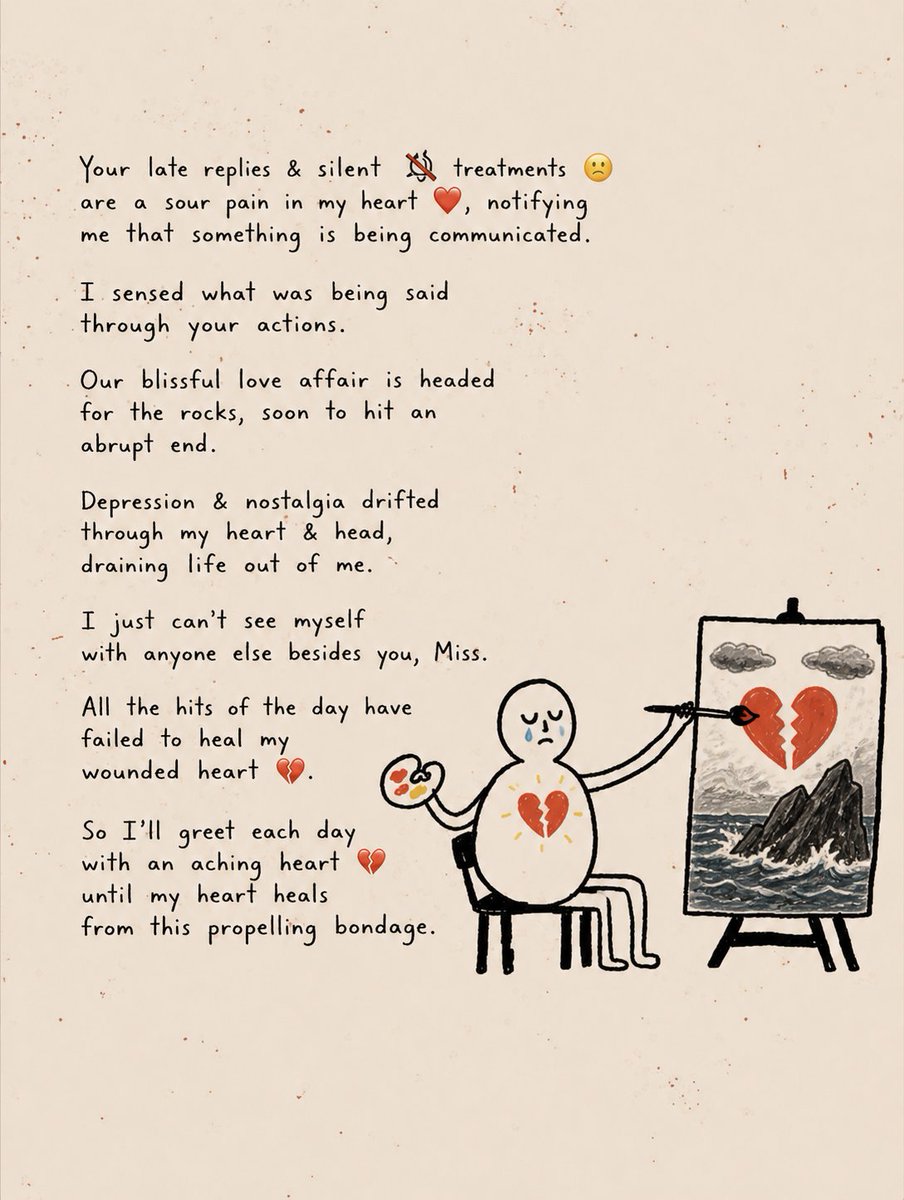 LihleSL's tweet photo. A poem about heartbreak, distance, unanswered messages, and the painful language of silence. 
When actions speak louder than words

NFT available on the Objkt marketplace.
#BrokenHeart #RelationshipPoetry #EmotionalWriting #PoetsOfX #P https://t.co/oVUVPlq1Xr