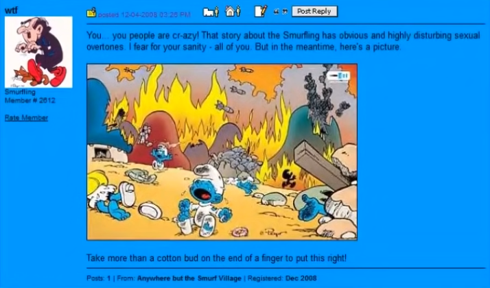 MSIOF2006's tweet photo. @ikillgroomers @milk_cacti @Nyazsche the funniest thing about that thread is the only guy to call out the author for how fucking depraved they are just so happens to have a Gargamel profile picture. it's crazy too because this is literally his only post on the forum so he likely got banned shortly afterwards https://t.co/UYt1ikEW8q