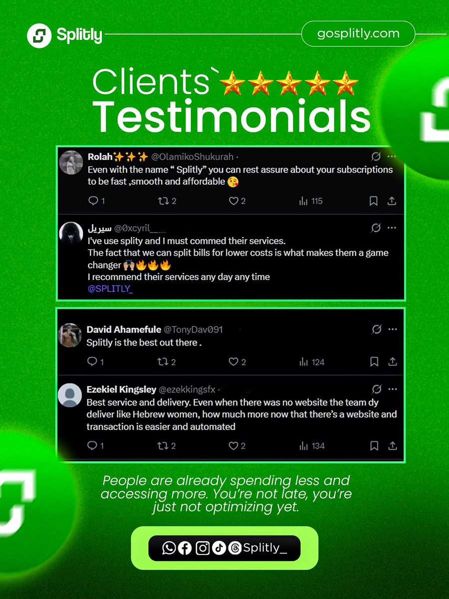 splitly_1's tweet photo. The people have spoken 🗣️
Real users. Real results. Real savings.

From fast delivery to seamless subscriptions, Splitly keeps showing up for you.

Join thousands already spending less and accessing more 👇
https://t.co/XeDNnVYc1R https://t.co/iIPbAjVJE3