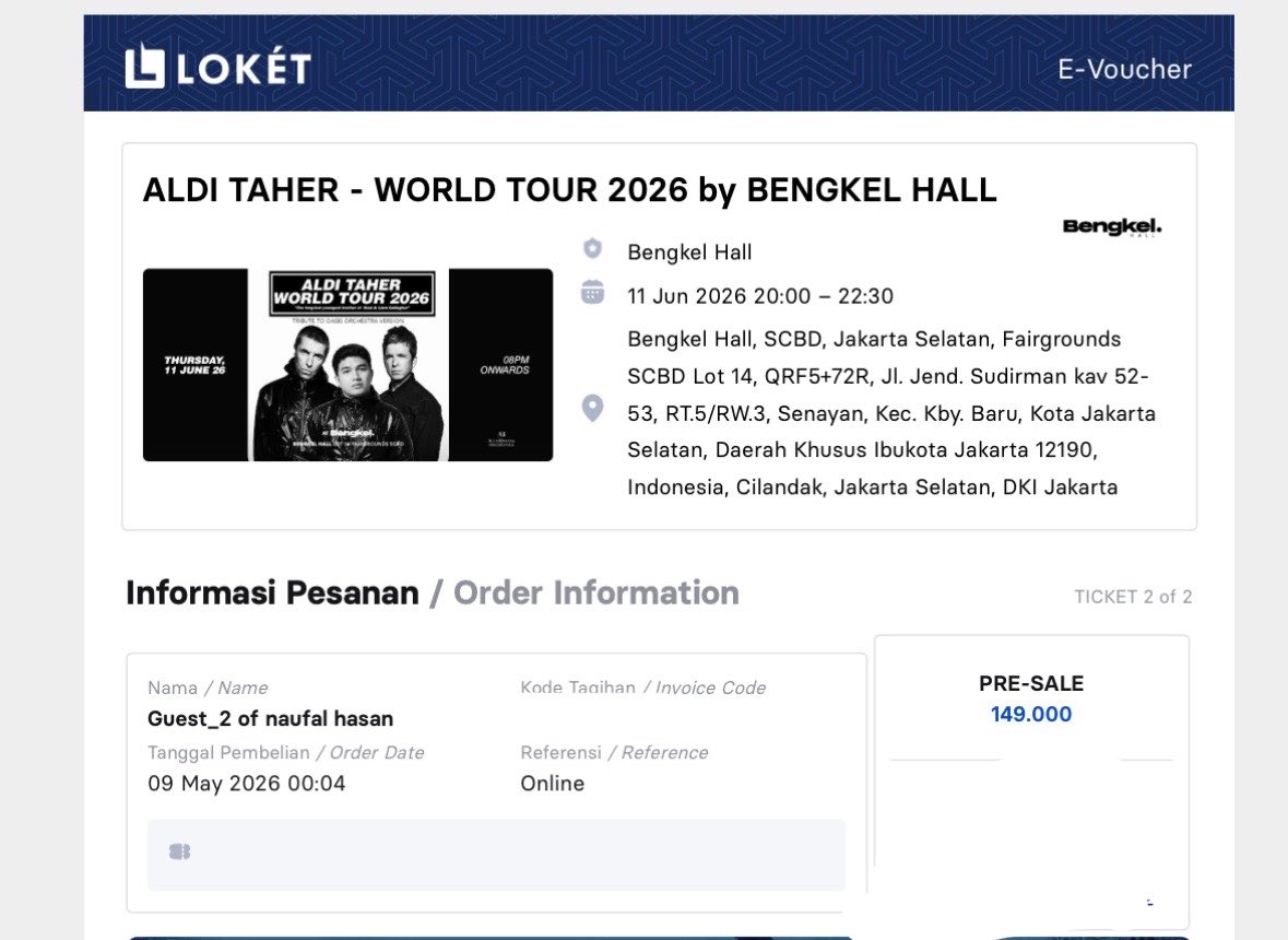 sinopalkan's tweet photo. WTS 2 tiket konser ALDI TAHER - WORLD TOUR 2026 by BENGKEL HALL

harga normal aja 300ribu

tiket nanti dikirim file PDF nya

#zonauang
#alditaher https://t.co/Ji2mmO101j