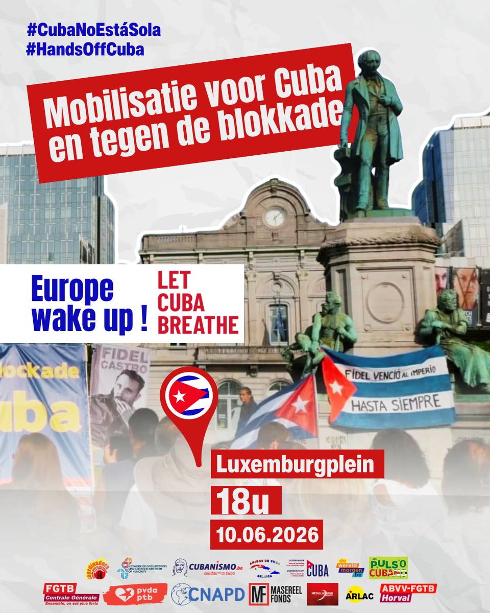 EmbaCubaBelgica's tweet photo. 📢Bruxelles sera le point de départ de l'initiative régionale « Europe wake up », lancée par le mouvement de solidarité avec #Cuba 🇨🇺 sur ce continent. 

🗓️Ce 10 juin, des voix et des volontés s'uniront pour renforcer le soutien à l'île. ✊🌍 

#CubaNoEstáSola | #HandsOffCuba https://t.co/ZOJwi1ADKE