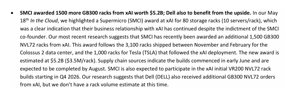 ScroogeCap's tweet photo. Bluefin has a rather interesting nugget on $SMCI today hidden on the second page.

Looks like Elon is so rack-hungry he doesn't mind some hairdryers consuming power too that in addition to 80 racks they awarded to SMCI, they've added 1500. 

Incremental $5.2B positive. https://t.co/7AmHGRbWan