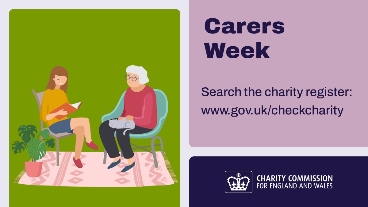 Young woman reading to an elderly woman holding a cat, seated on chairs over a patterned rug with plants nearby. Text reads Carers Week. Search the register. www.gov.uk/checkcharity