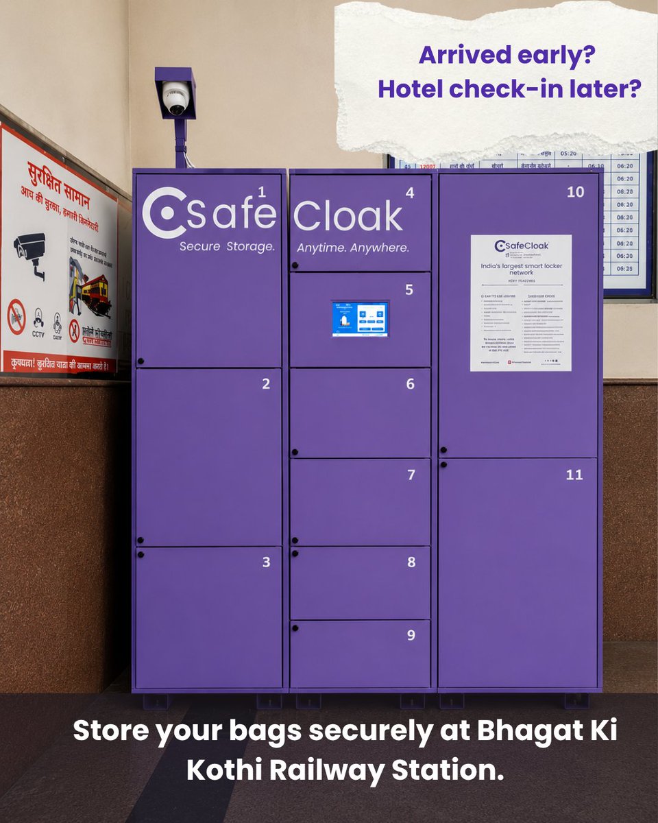 safecloak's tweet photo. What started at #Jodhpur Junction is now expanding to #BhagatKiKothi #RailwayStation. 🚆
#SafeCloak is now live at #BGKT, helping #travellers explore Jodhpur without having to carry their #luggage.
🔒 Store bags securely
🎒 Travel hands-free
🏰 Explore more
#smartlockers https://t.co/XMyQExfRW9