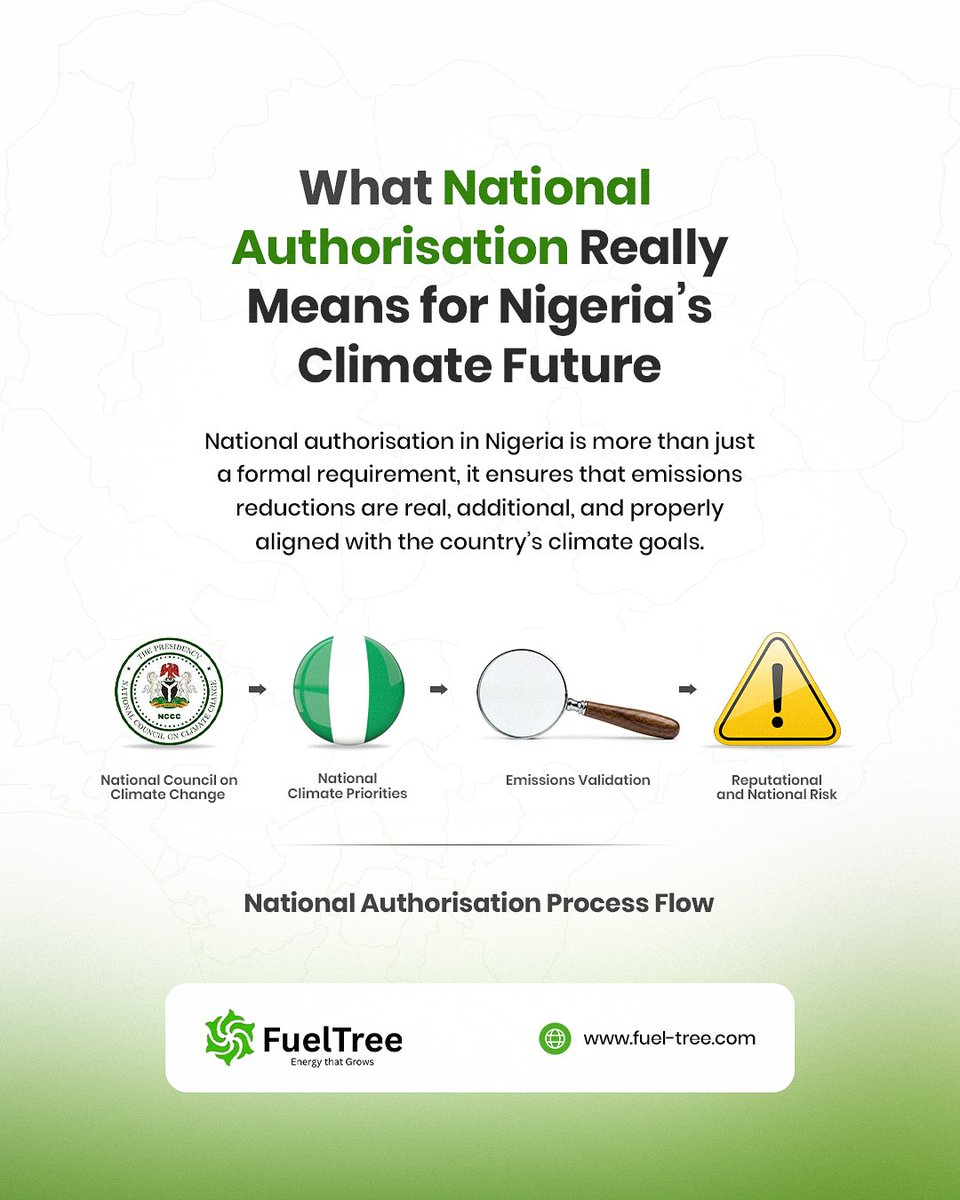 fueltree's tweet photo. National authorisation is not a box-ticking exercise.

It safeguards Nigeria’s NDC by ensuring emissions reductions are real, additional, and not double-counted. Strong carbon markets depend on strong institutions.

#NCCC #ClimateChangeAct #CarbonMarkets #Article6 https://t.co/ucRw4jwo2a