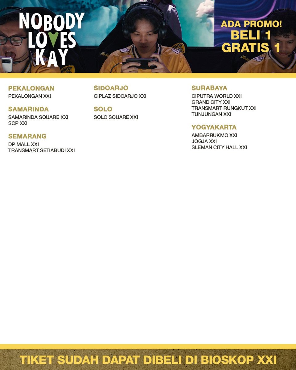 MCC_ID_'s tweet photo. Daftar bioskop tempat kamu nonton Kay berjuang ngejar mimpinya.
Silahkan geser supaya tau NLK ada di kota kamu atau enggak.
Yuk beli tiketnya sekarang!
NOBODY LOVES KAY
#NobodyLovesKay
#FilmNLK
#Provethemwrong
#Waktunyapembuktian https://t.co/9cEnvB9UVN