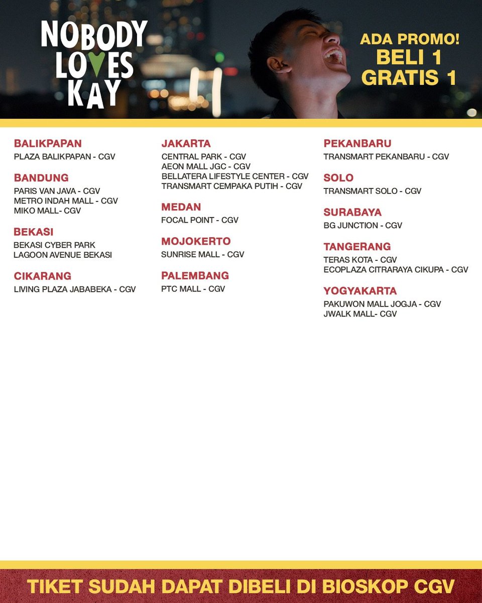 MCC_ID_'s tweet photo. Daftar bioskop tempat kamu nonton Kay berjuang ngejar mimpinya.
Silahkan geser supaya tau NLK ada di kota kamu atau enggak.
Yuk beli tiketnya sekarang!
NOBODY LOVES KAY
#NobodyLovesKay
#FilmNLK
#Provethemwrong
#Waktunyapembuktian https://t.co/9cEnvB9UVN