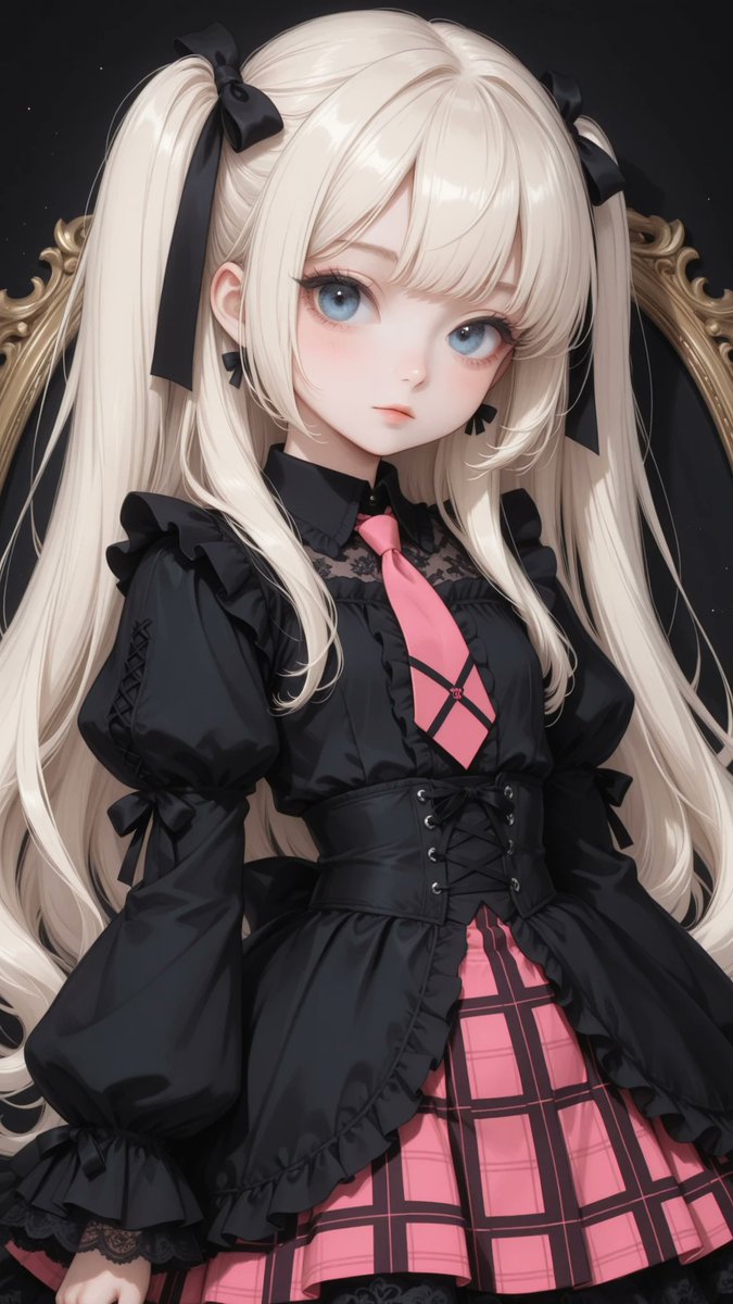 AliceLavli's tweet photo. ٩(ˊᗜˋ*)وおはよぉ
ツーピースゴスロリをどうぞ✨
gothic lolita two-piece outfit, black high-neck blouse, frilled stand collar, ribbon necktie, puff shoulders, long bishop sleeves, button-front blouse, fitted waist silhouette, hot pink tartan plaid skirt, high-waisted skirt, pleated circle skirt, flared silhouette, black lace underskirt, black lace hem trim, corset-inspired waist detail, side ribbon bows, black satin ribbons, black and vivid pink color palette, elegant gothic lolita fashion, sweet gothic aesthetic, strict color placement, black blouse only, vivid pink tartan skirt only, black lace only, black ribbon accents only
