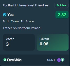 HackLifeAjax's tweet photo. France and Northern Ireland are locking horns in these International Friendlies ⚽ Both Teams To Score is looking incredibly sharp. Locked in 3 $USDT for a smooth 6.96 $USDT payout on @DexWin_Sports. Snag the best Betting Picks Today! https://t.co/kIqBelUGbB