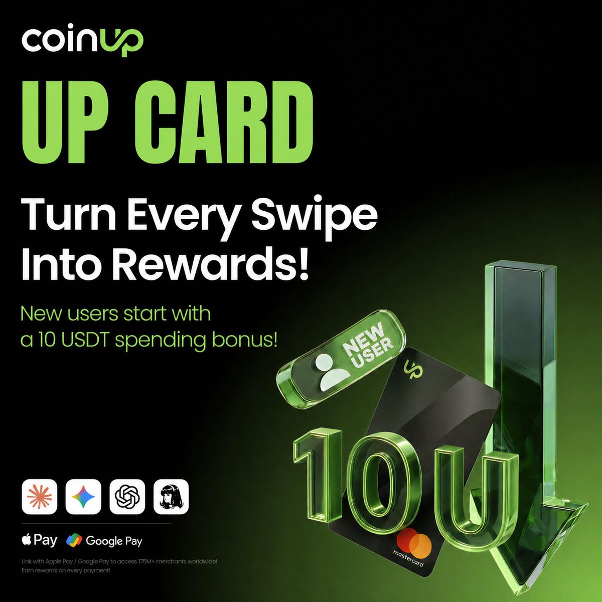 CoinUpOfficials's tweet photo. 🚨 CoinUp UP Card has launched new benefits! 

New users can open a card for just 10 USDT and receive 10 USDT in spending credits.

Get your UP Card now ➡️ Link to Apple/Google Pay ➡️ Start earning cashback worldwide!

👉 Apply now

🔗 Web：https://t.co/8gnDl2mYez

📱App：https://t.co/rufYDJYCO5