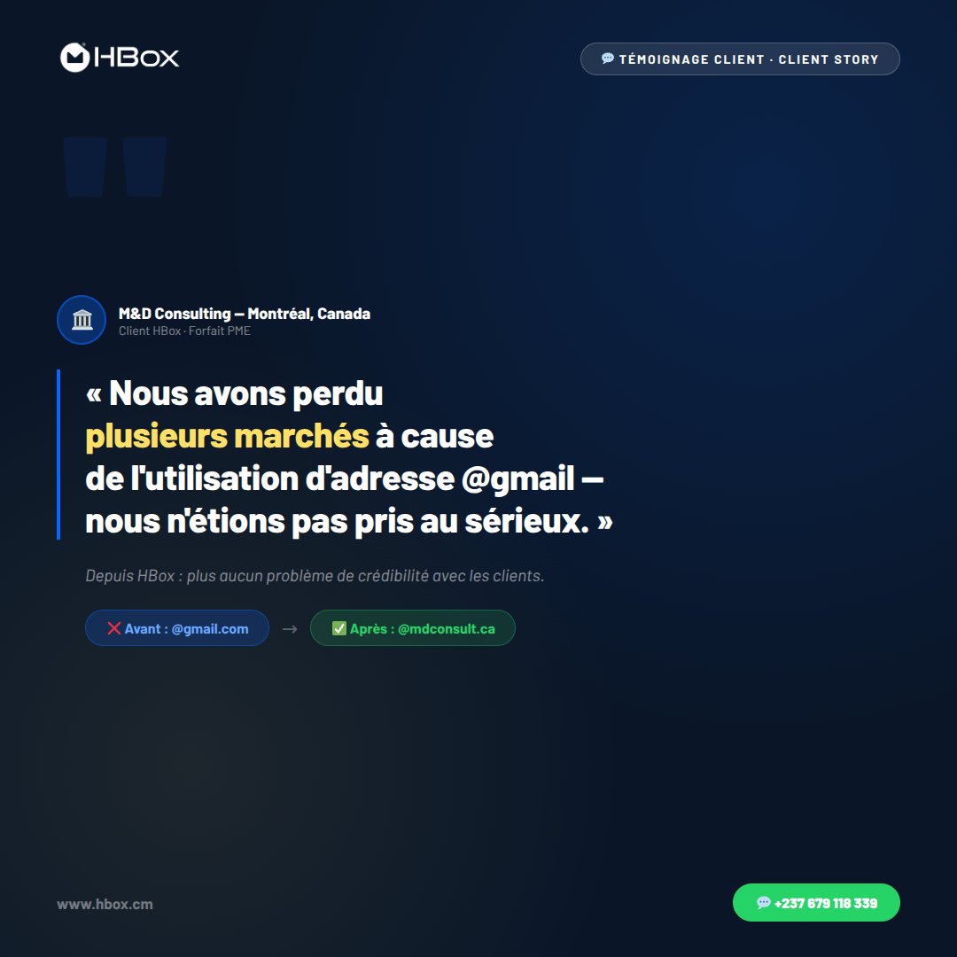 HBoxcm's tweet photo. 🗣️ « Nous avons perdu plusieurs marchés à cause d'une adresse @gmail. »

9h00 : vous écrivez "HBOX"
9h10 : on répond
9h30 : domaine + emails configurés
9h45 : vos accès reçus ✅
Email pro en 45 minutes. On gère tout 🇨🇲
💬 +237 679 118 339 · https://t.co/fmEy5j3rnG #HBox https://t.co/DFVCsqswNc