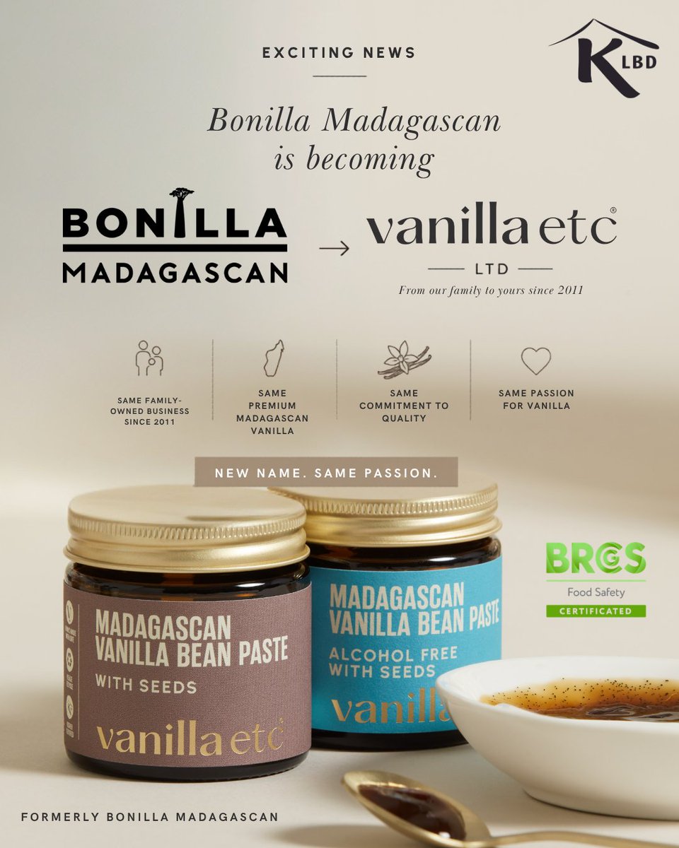 KLBDdirect's tweet photo. Bonilla Madagascan products are in the process of rebranding to Vanilla Etc. 
They are still #KLBD #kosher certified Parev with logo.
See https://t.co/gcGNzzIk5y

Available from @BoothsCountry @LakelandUK @Selfridges and @AmazonUK https://t.co/Y31J9UeVCd