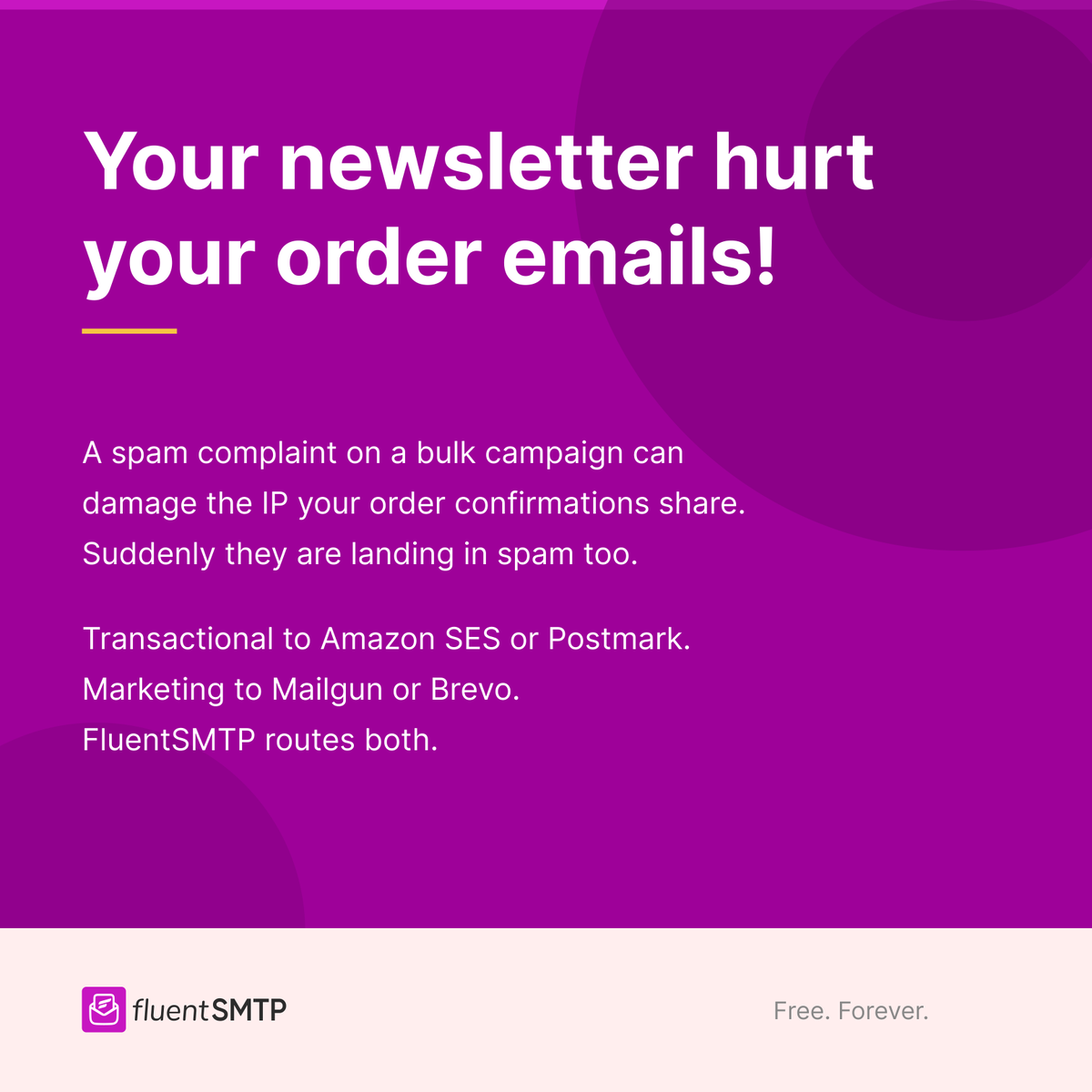 FluentSMTP's tweet photo. Your newsletter shouldn't decide whether order confirmations reach the inbox!

Separate transactional and marketing emails. 

Use the right provider for each.

And FluentSMTP makes it easy 🖐️ https://t.co/4e697nPHbJ