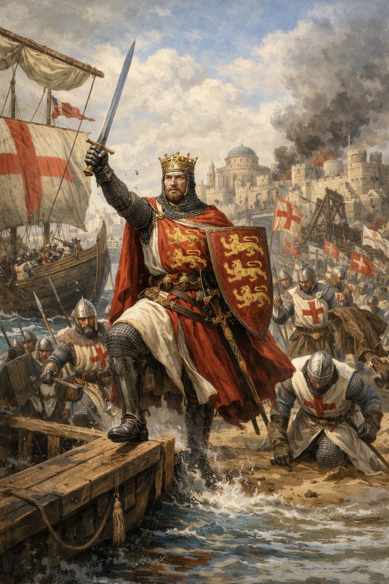 Plantagenet1455's tweet photo. King Richard I, arrived at Acre #OnThisDay in 1191. 
Landing with a large fleet of ships and thousands of soldiers his arrival turned the tide of the Third Crusade. Despite falling gravely ill, he built massive siege engines that forced the city to surrender just weeks later. https://t.co/UXJuVNw2UU