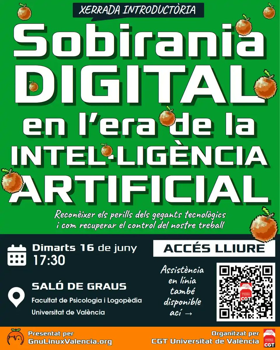 CGTvalencia's tweet photo. Recuperemos el control de nuestro trabajo frente a la #IA. 🔓  📍 Facultat de Psicologia i Logopèdia, #València🎟️ Entrada libre ℹ️ https://t.co/DYYc93Tk39... ¡Te esperamos! 🐧✨
#SoftwareLibre #Privacidad #SoberaníaDigital #SoberaníaTecnológica #BigTech #Valencia https://t.co/fMg86UqwAa
