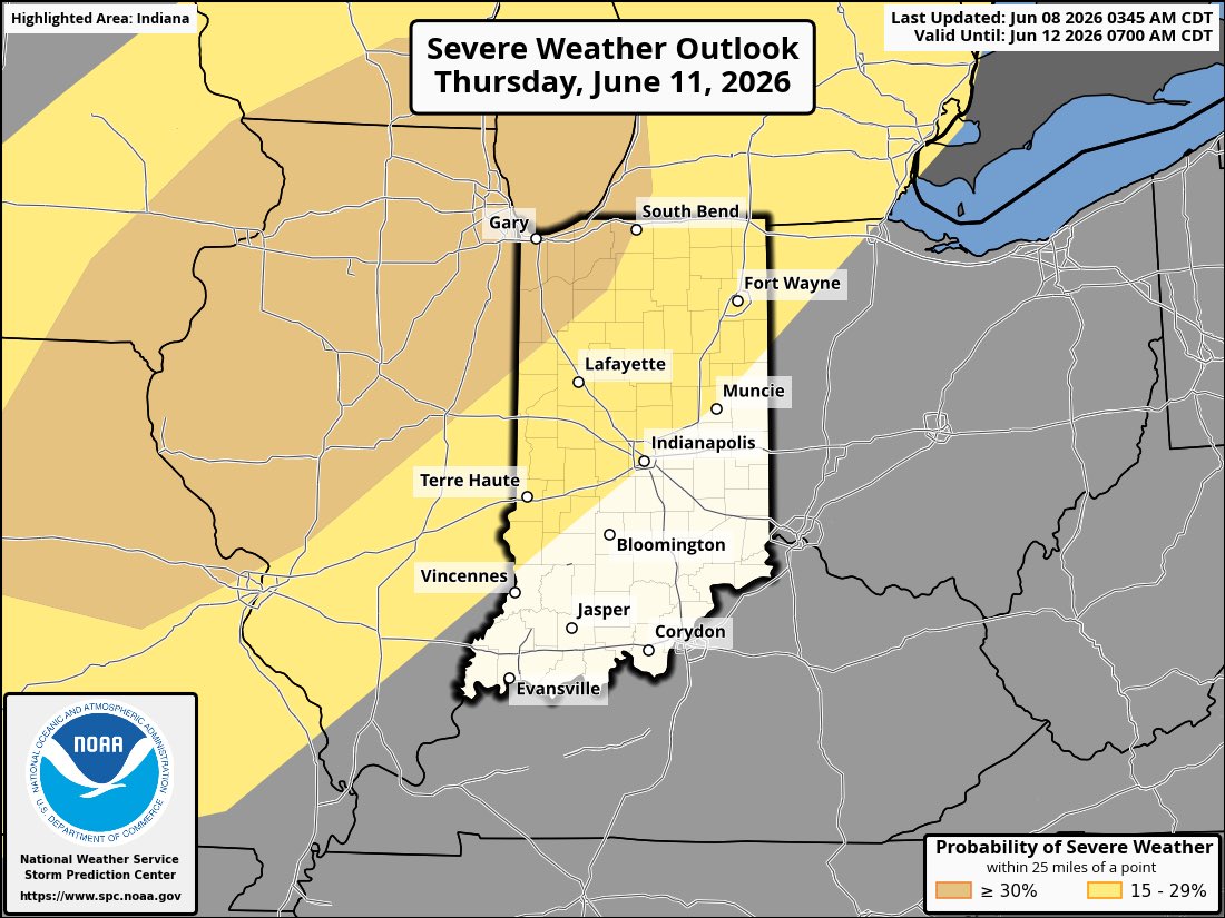 indywx's tweet photo. Rinse and repeat pattern in the days ahead with a “smattering” of storms, most numerous during the afternoon/ evening. SPC highlights a severe threat for a portion of #INwx each day, highlighted by Thursday’s potentially more widespread event. #Indy #AGwx https://t.co/H2VxqgOnid