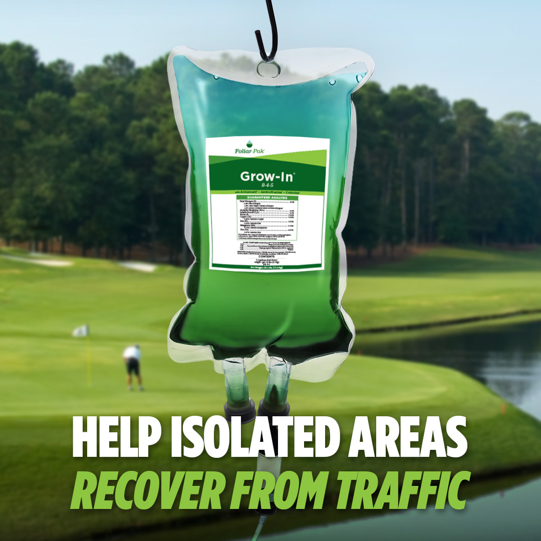 FoliarPak's tweet photo. Do you have areas suffering from traffic damage?

Grow-In can be sprayed on any area of your course dealing with traffic damage, even an isolated area. It helps turf recover by stimulating plant biomass production, increasing rooting, and improving soil biological activity. https://t.co/RYw7MpwOBC