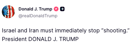 FoxNews's tweet photo. NEW: President Trump demands Israel and Iran stop firing missiles at each other as the region edges back toward a wider war.

The warning comes after Iran fired off a wave of missiles at Israel and Israel launched retaliatory strikes, despite U.S. efforts to hold together a ceasefire and move toward a peace deal.