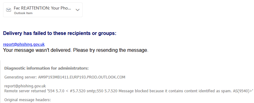 1_nineteen's tweet photo. Good morning @NCSC, I've tried reporting a phishing email to your official email address but your server bounced it as the email I forwarded to you "...contains content identified as spam." Isn't that rather the point? (I did try resending and it bounced again.) https://t.co/ALmNPzf4rv