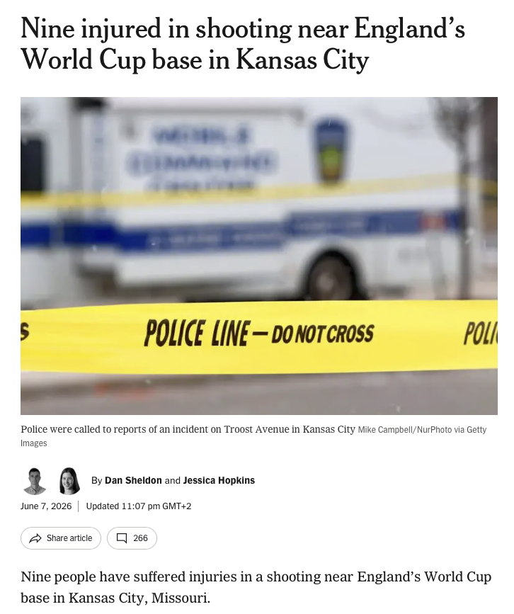 AlexTaylorNews's tweet photo. 9 people shot near England's World Cup hotel in Kansas City👇

20 000 people on average killed by guns each year in the US
700 in Europe

Maybe @JDVance and @PeteHegseth should sort out the homicides in their own backyard rather than lecturing us here in Europe ? https://t.co/BUhbgGoHZU