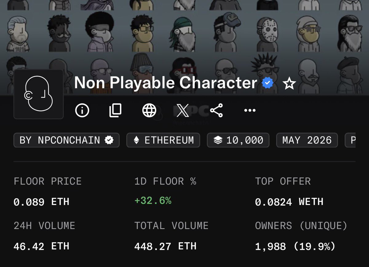 bigchog's tweet photo. so far this NFT collection is my best investment in 2026 

i bought 10 of them for a total of $80 and i still hold 8 NFTs which are now worth $1,200 (more based on rarity)

i called this in a group chat when the floor was 0.01 eth 

0.1 eth floor is a matter of time now 

it's always the ones you don't expect that end up outperforming everything 

NPC coded