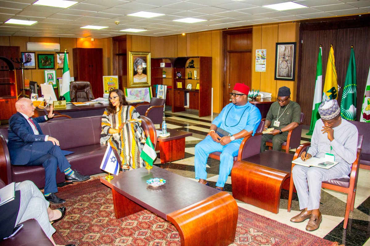 Ojukwu_Bianca's tweet photo. A constructive engagement with the Ambassador of Israel H.E Michael Freeman who is hosting the Commemoration event today 8th June of the 78th Anniversary of the Independence of the State of  Israel

It was also an opportunity to present the letter of  Congratulations on my assumption of office as Minister of Foreign Affairs of Nigeria from the Israeli Foreign Minister H.E Gideon Sa'ar.

Nigeria's relations with Israel dates to the late 1950s through to the 1960s and early 1970s, with Israel's  strategic partnership with Nigeria, involving hundreds of Israeli experts and volunteers  sent to Nigeria to help in the development and modernization of agriculture, education, medicine and technology training. 
Moshe "Jerry" Beit Halevi, from Israel was Nigeria's first football coach following independence. At the same time, hundreds of Nigerian farmers, experts, educators, academicians, students, doctors, community workers and engineers were trained in Israel.

Over fifty Israeli companies operate in Nigeria in the spheres of construction, infrastructure, hi-tech, communications and IT, agriculture and water management. 

it is estimated that close to 5,000 Nigerian businesses and organizations operate in or conduct active business with Israel. 
These cross-border businesses typically consist of Nigerian firms involved in agricultural exports, importing Israeli technology, and distribution; Local Nigerian ground-handling and travel companies managing annual religious pilgrimages, Nigerian innovators partnering with Israeli incubators and tech hubs.
Conversely, there are  over 50 Israeli or Israeli-owned enterprises operating directly within Nigeria across construction, infrastructure, telecommunications, and agriculture.

Trade and commerce between our two nations are promoted by the Israeli Export and International Cooperation Institute, the Nigerian-Israeli Chamber of Commerce (NICC) and the Israel-Africa Chamber of Commerce.