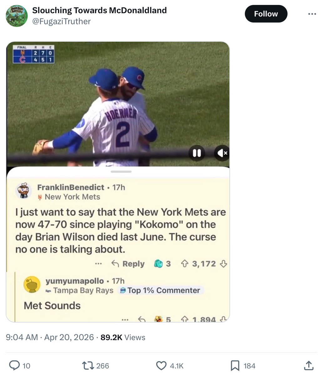 Donald3812's tweet photo. happy curse of brian monday
since they played kokomo in “tribute” to Brian Wilson, the Mets are 69-92
tomorrow, they will play their 162nd game since the curse started
original context to this in the second image because the account that posted it got nuked https://t.co/4ieRwOMWHP