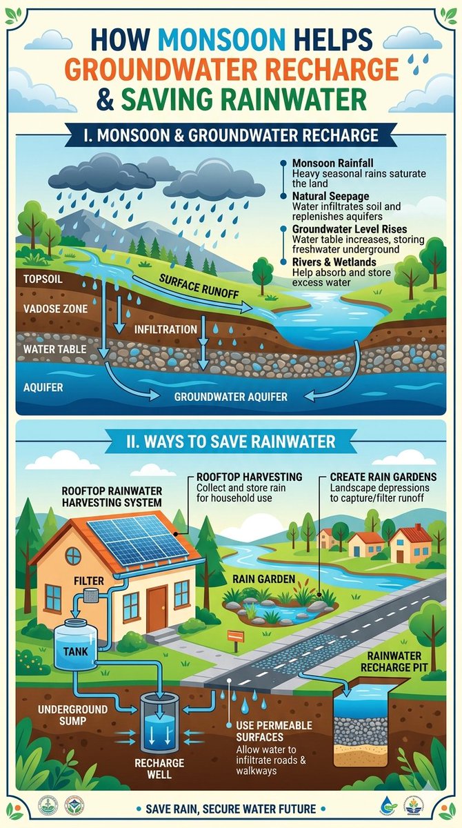 CwmaDelhi's tweet photo. Monsoon is nature’s gift to refill the earth’s hidden water reserves.
Harvest every raindrop today to secure a water-rich tomorrow.
#SaveRainwater #GroundwaterRecharge #WaterConservation
@DoWRRDGR_MoJS @NWDA_MOWR @CGWB_CHQ @NCA_Indore @cwprspune @NIH_Hydrology https://t.co/qheBXm8YDA