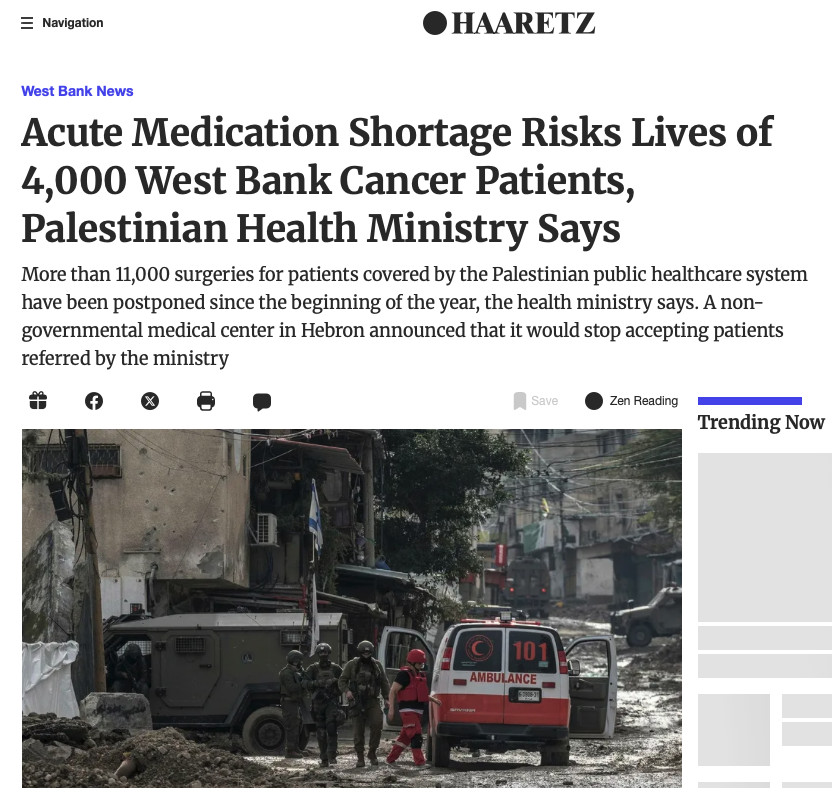 Jonathan_K_Cook's tweet photo. In Gaza, Israel's genocide included bombing the enclave's hospitals.

In the West Bank, Israel's genocide includes stealing taxes owed to the Palestinian Authority and needed to pay for medicines and treatment.

Israel, the illegal occupier, seized the payments because the PA appealed to the international community to stop the destruction of Gaza.

Less than 1 in 3 surgeries are now being carried out.

A third of 520 essential types of drugs are exhausted, including half of those used to treat cancer. https://t.co/aEI18WGtQe