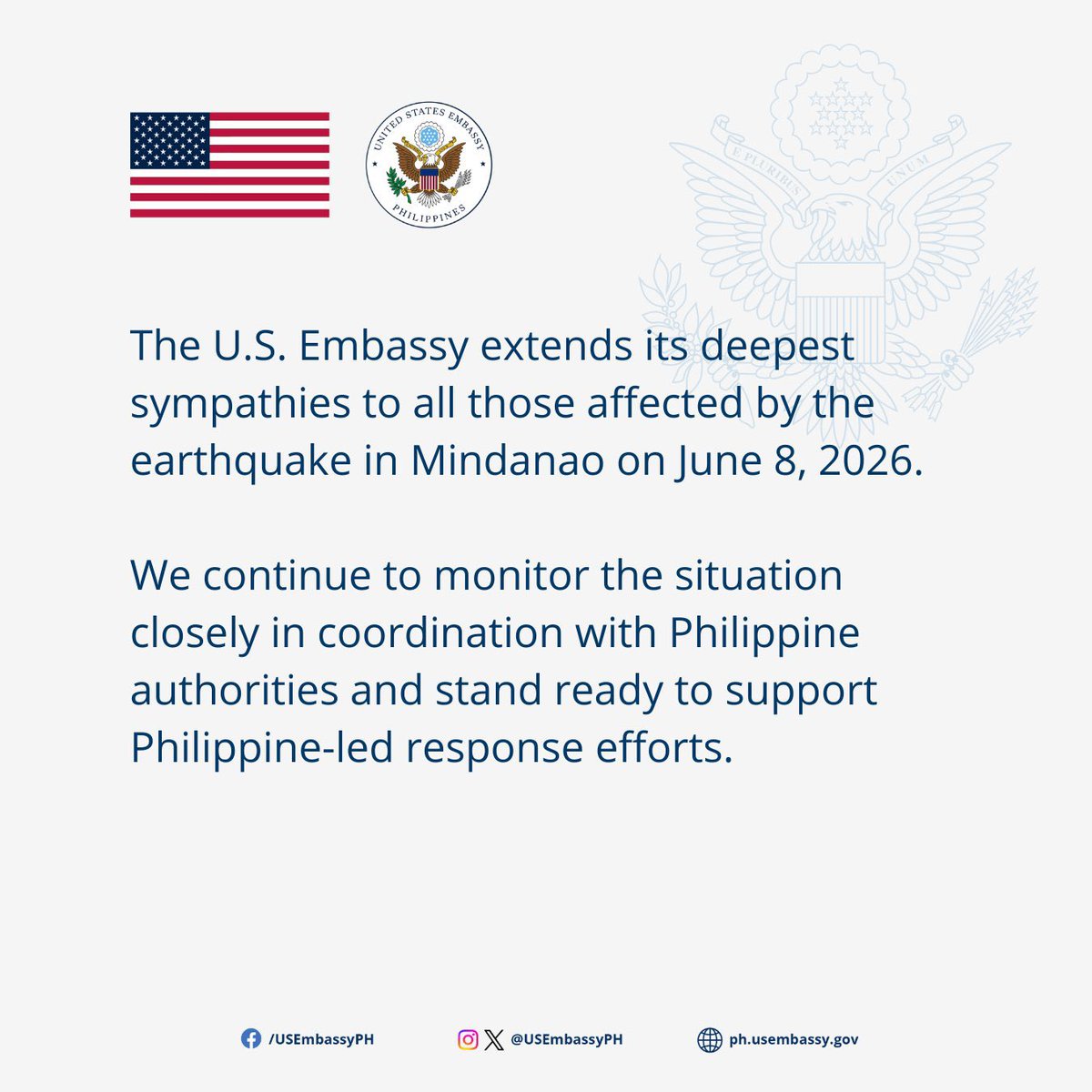 kaelapatriciag's tweet photo. READ: The US Embassy in the Philippines said it is coordinating with Filipino authorities to support the country’s response to the magnitude 7.8 earthquake that hit Mindanao on Monday. | @bworldph 

📷: US Embassy in the Philippines/X https://t.co/bcNTbzib14