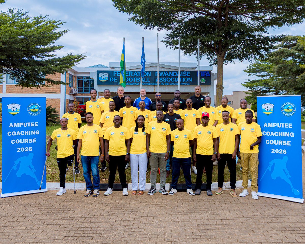 FERWAFA's tweet photo. FERWAFA, in partnership with @AmputeeRwanda , has launched the first phase of a Coaching Course for Amputee Football coaches, designed to strengthen coaching knowledge and enhance the development of the game, particularly the 7-a-side format.
#FootballForAll https://t.co/jYd4XfIMNi