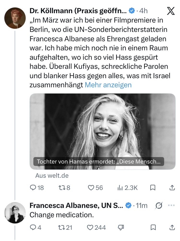 CKoellmannZH's tweet photo. The mother of a German victim of the Hamas massacre of October, 7th, speaks out and this is what this disgusting person has to say. Why do the @UN employ such a person? Fire her already! https://t.co/OXIg5A31bp