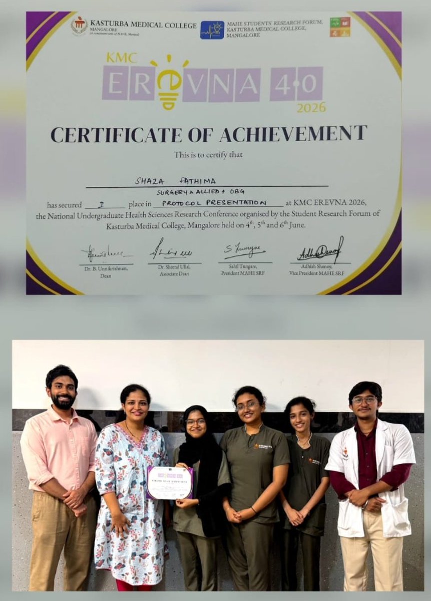 AnaesKMCMlr's tweet photo. 🏆 1st Prize at EREVNA 4.0 🏆
Dept of Anaesthesiology proud to announce: “Dual Mediating Effects of Anxiety &amp; Acceptance Attitudes on Clinician Trust and Decision-Making in AI-Assisted Anesthesia: A Scenario-Based Study” awarded 1st Prize at EREVNA 4.0. PI: Shaza Fathima [3 MBBS] https://t.co/tVknOi4yBO