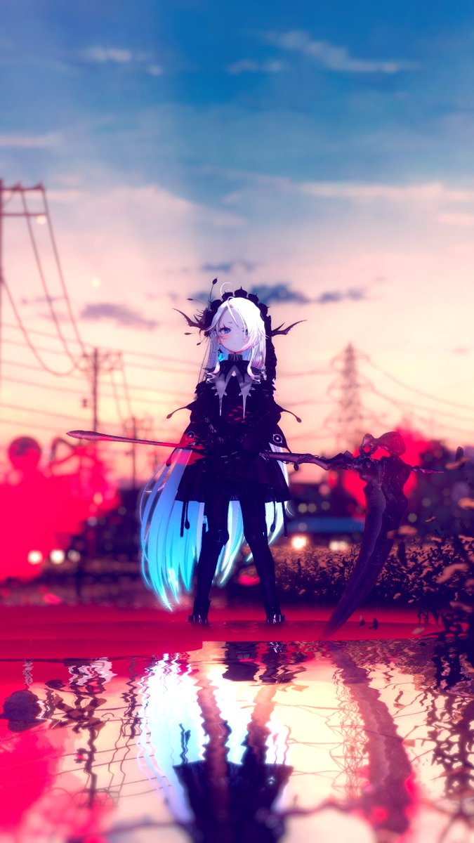 tomop_jp's tweet photo. 昨日のショート動画でMori Calliopeの曲を使用させてもらったので、
こんなVRCHATのアイテムをあわせてみました。
ドリーカメラで撮影するときに、雰囲気も合うといいなあ

VRCHATノーマルカメラ撮影にて。

【3Dモデル】『共連れの大鎌』RR-Ⅰ：Bone Scythe
https://t.co/ez59ayDorR
撮影したワールドは、
夕焼けの帰り道ーOn my way home in the Sunset
https://t.co/GKlzMZjzr5