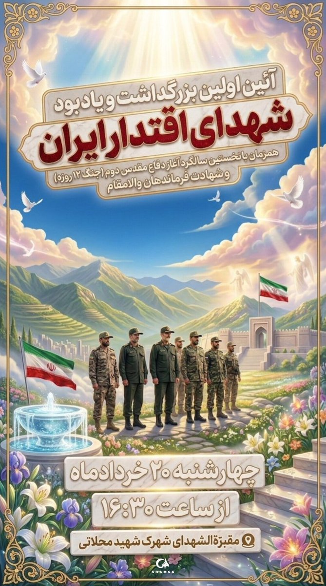 Mahooraazimo's tweet photo. مراسم بزرگداشت اولین سالگرد شهدای اقتدار ایران (جنگ ۱۲ روزه)
چهارشنبه ۲۰ خرداد | ساعت ۱۶:۳۰ مقبرة‌الشهدای شهرک شهید محلاتی

#بزرگداشت_شهدای_اقتدار https://t.co/A8lb5pIpla