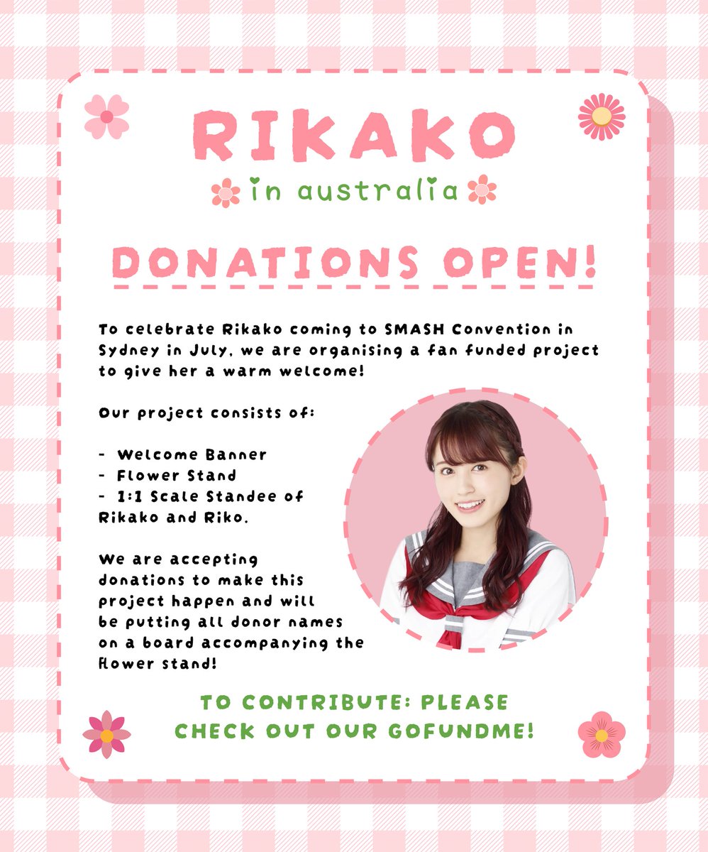Parfait_Parlour's tweet photo. 🌟DONATIONS OPEN🌟

Join us in welcoming Rikako to @smashcon !!

Please check out our GoFundMe Link to support us!

https://t.co/oQSuaNIsaB

If you do end up contributing, please make sure to fill out the Google Form (linked on the GoFundMe!) with how you’d like to have your name displayed on our donor board! 

🌸 Special thank you to the work of some very passionate members of the local Aussie LL community and the wonderful @idoldotst for making this happen! 🌸

#lovelive #lovelivesunshine #aqours #rikosakurauchi #rikakoaida