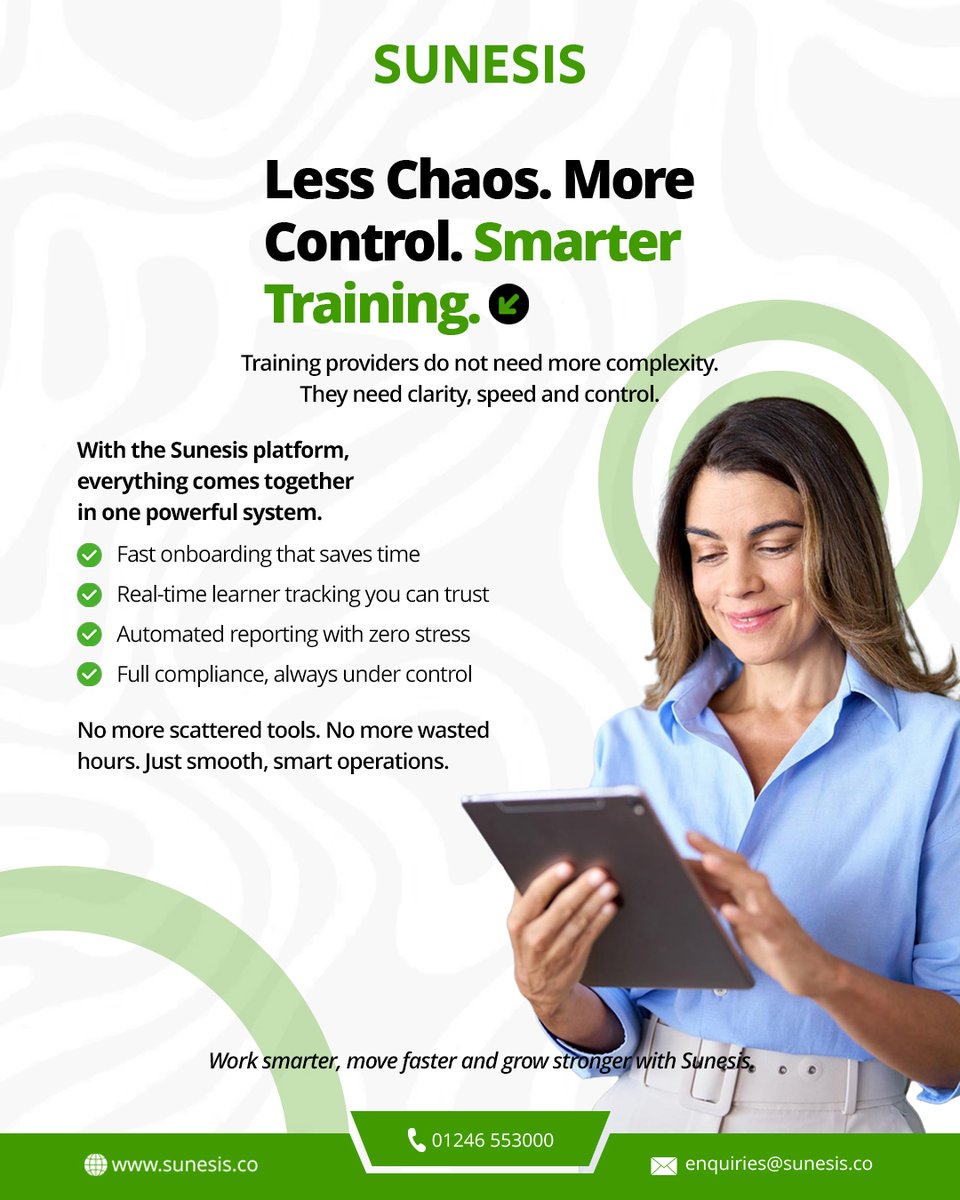 Sunesis_co's tweet photo. Less chaos. More control. Smarter training.🚀

Sunesis connects onboarding, compliance and reporting in one platform.

✅ Faster onboarding 
✅ Real-time learner tracking 
✅ Automated reporting 
✅ Compliance confidence

Work smarter. Deliver better learner outcomes. https://t.co/ERPxSvCOgA