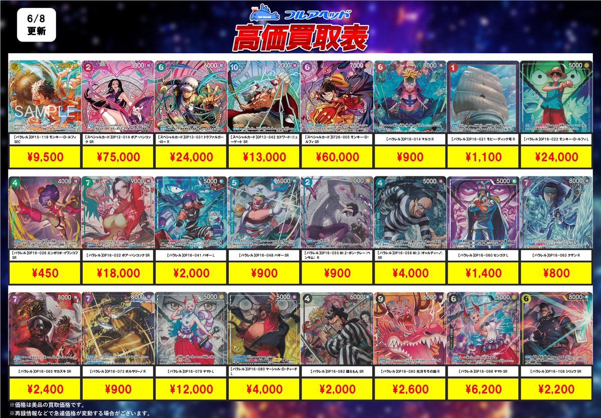 fullahead_opc's tweet photo. 💥【ワンピースカード買取表更新のお知らせ】💥

高価買取中の注目カードはこちら👆✨
販売ページも要チェック👀！！

☟【買取表】☟
https://t.co/fmNLe3qRLK
※日付の更新をお待ち下さい。

☟【販売ページ】☟
https://t.co/dozhF1xFQw

#ONEPIECE
#ONEPIECEカードゲーム https://t.co/VkDkZzlnGi