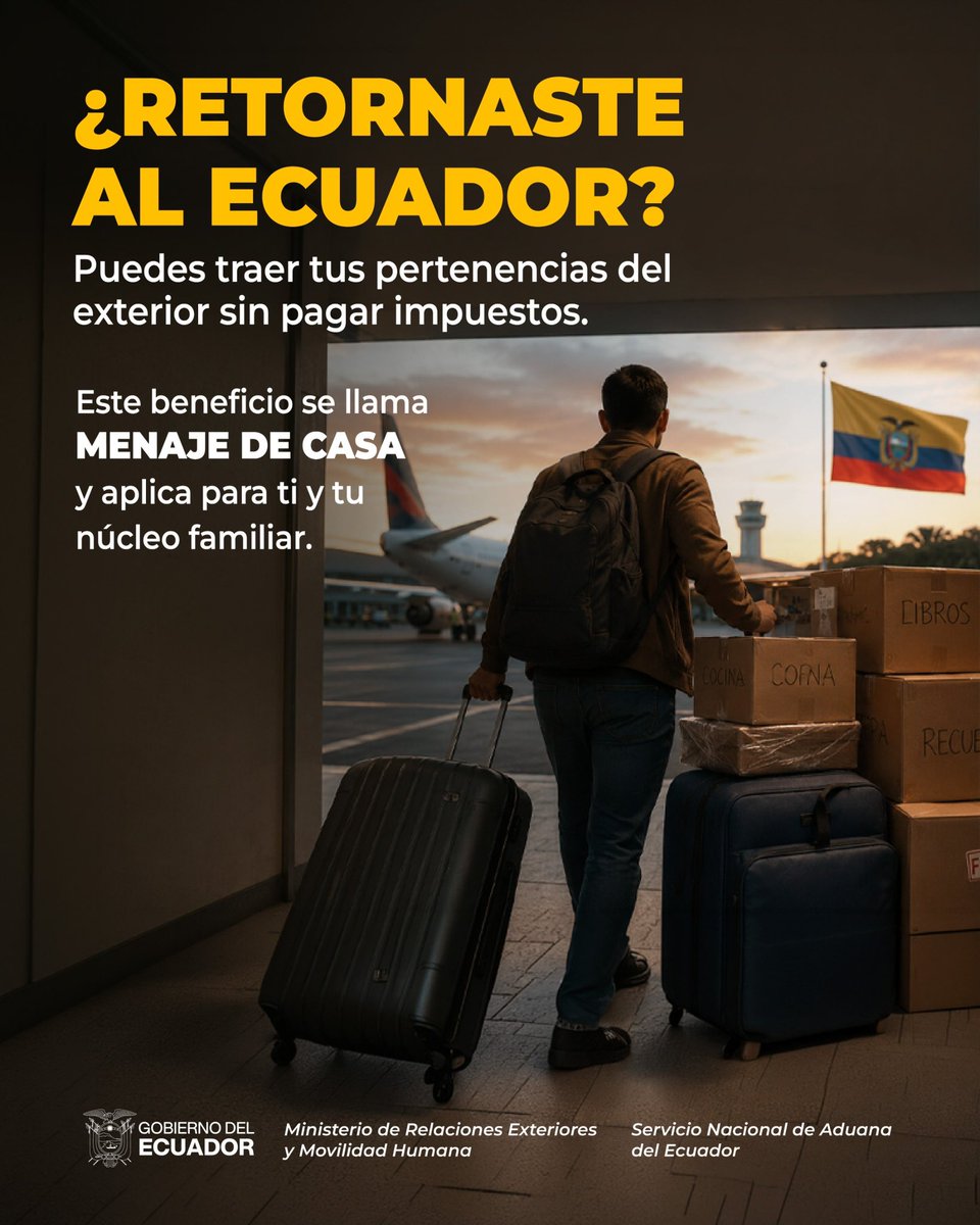 CECUValencia's tweet photo. 🇪🇨📦 ¿Retornas al Ecuador?

Conoce el beneficio de Menaje de Casa para migrantes retornados: requisitos, Certificado de Migrante Retornado y bienes que pueden importarse con exoneración de tributos.

#MenajeDeCasa #MigrantesRetornados #Ecuador https://t.co/A4d9S7bv5D