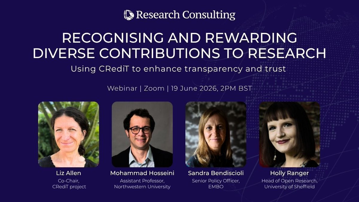 rschconsulting's tweet photo. How do we recognise the full breadth of contributions that make research possible?

Join us on 19th June (2pm BST) for our webinar, where we will explore how greater transparency around contributor roles can strengthen research integrity, improve quality, and ensure fairer recognition across institutional, publishing, and funder contexts - using the CRediT taxonomy as a case study.

We're delighted to be joined by a brilliant panel to discuss: the origins, rationale, and future of CRediT (Liz Allen); the ethics of attribution in team science (Mohammad Hosseini); contributor roles in funding contexts (Sandra Bendiscioli) and the institutional reality of recognising research roles (Holly Ranger).

Register here 👉 https://t.co/pEH9ZyS542
