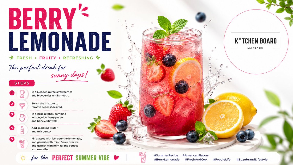 KitchenBoardM's tweet photo. 🍓🍋 Berry Lemonade Bliss — Fresh, fruity, and perfect for sunny days! 🌞✨
Quick Recipe:
Blend strawberries + blueberries → strain → mix with lemon juice + honey → add sparkling water → serve over ice with mint.
#BerryLemonade #SummerRecipe #FreshAndCool https://t.co/l5JW2aObJV