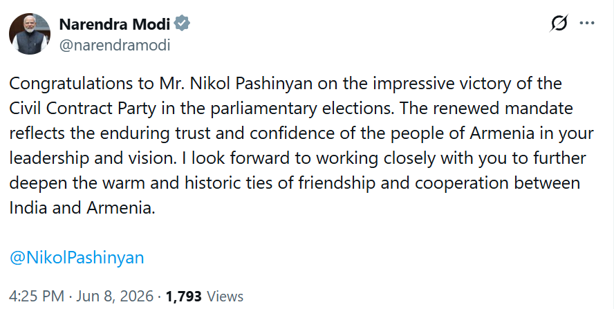 ANI's tweet photo. Prime Minister Narendra Modi tweets, "Congratulations to Mr Nikol Pashinyan on the impressive victory of the Civil Contract Party in the parliamentary elections. The renewed mandate reflects the enduring trust and confidence of the people of Armenia in your leadership and vision. I look forward to working closely with you to further deepen the warm and historic ties of friendship and cooperation between India and Armenia"
