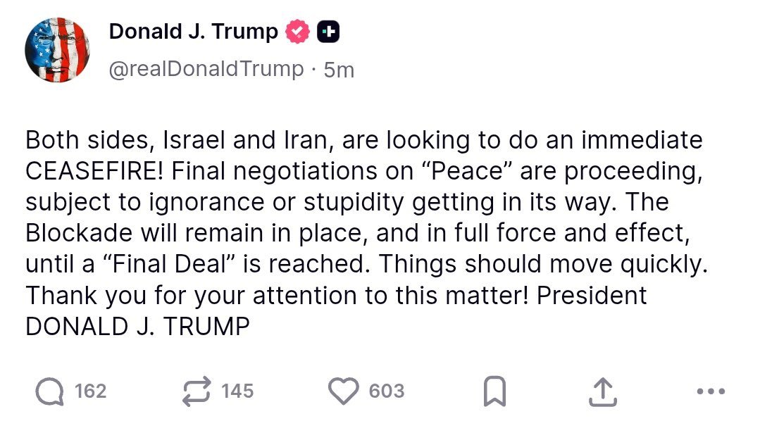 Geopolitics_Exp's tweet photo. #Trump says both #Iran and #Israel are looking to do an immediate ceasefire: https://t.co/KTGhxRPkmT