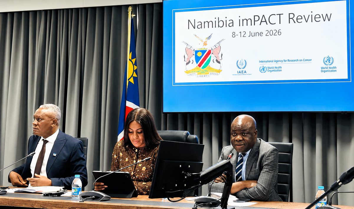 WHONAMIBIA's tweet photo. A joint team from IAEA, @WHO  & IARC is in Namibia for an imPACT Review Mission to strengthen cancer control. 

The mission will assess gaps and support improved prevention, diagnosis, treatment & care. WHO remains committed to people-centred cancer services for all.

#CancerControl #UHC